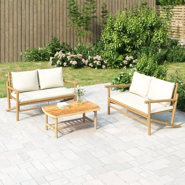 Gossi set mobilier de gradina, cu perne alb crem, 3 piese, bambus