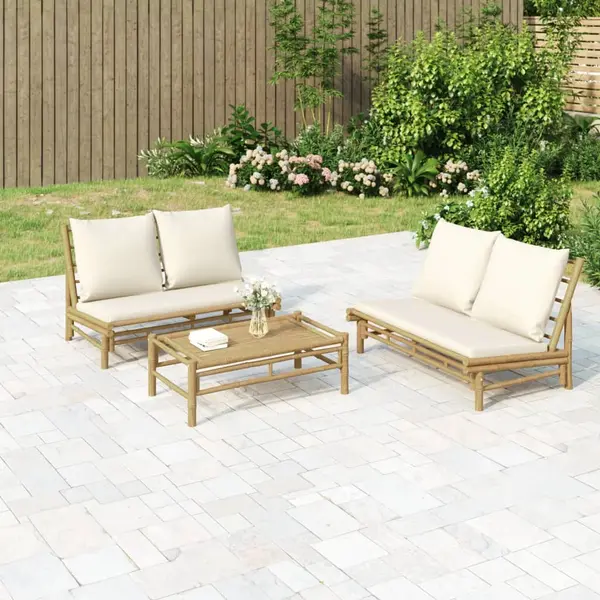 Gossi set mobilier de gradina, cu perne alb crem, 3 piese, bambus
