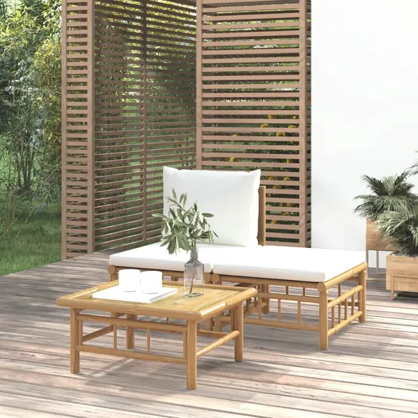 Gossi set mobilier de gradina, cu perne alb crem, 3 piese, bambus