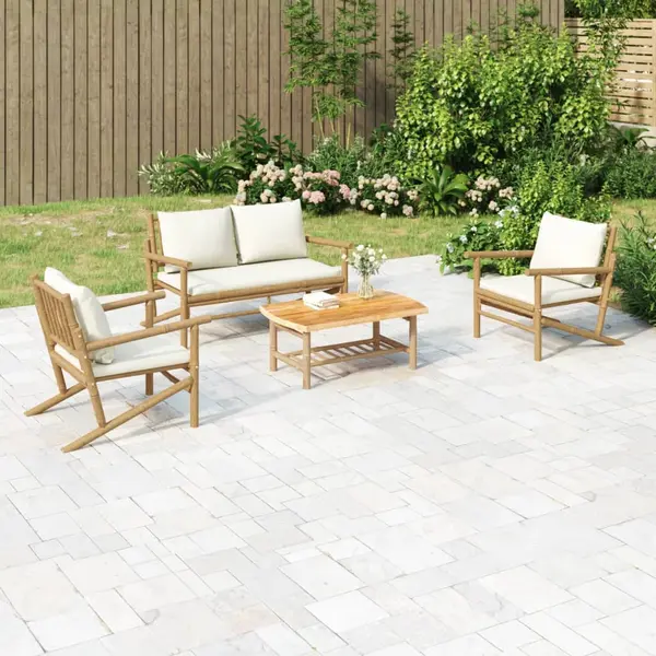Gossi set mobilier de gradina, cu perne alb crem, 4 piese, bambus