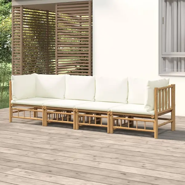 Gossi set mobilier de gradina, cu perne alb crem, 4 piese, bambus