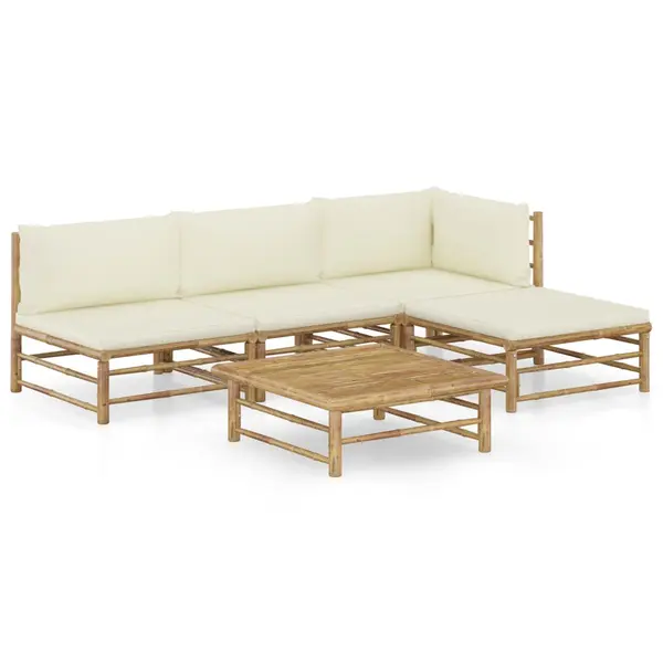 Gossi set mobilier de gradina, cu perne alb crem, 5 piese, bambus