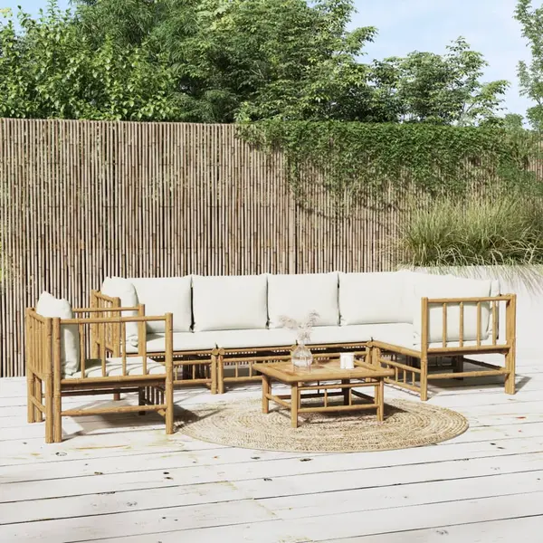 Gossi set mobilier de gradina cu perne alb crem, 7 piese, bambus