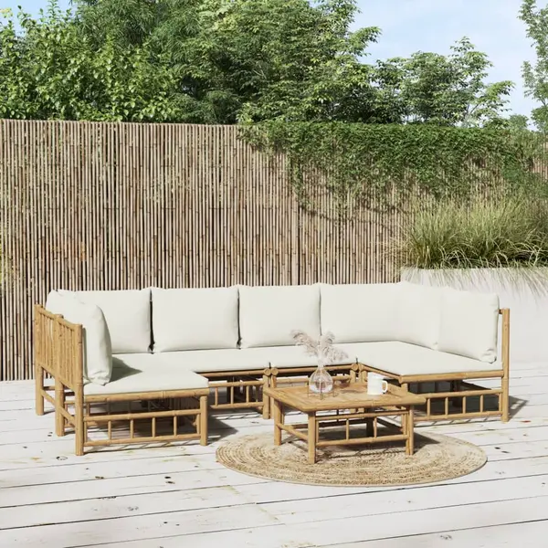 Gossi set mobilier de gradina cu perne alb crem, 7 piese, bambus