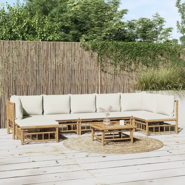 Gossi set mobilier de gradina, cu perne alb crem, 8 piese, bambus