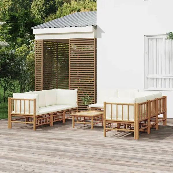 Gossi set mobilier de gradina, cu perne alb crem, 9 piese, bambus