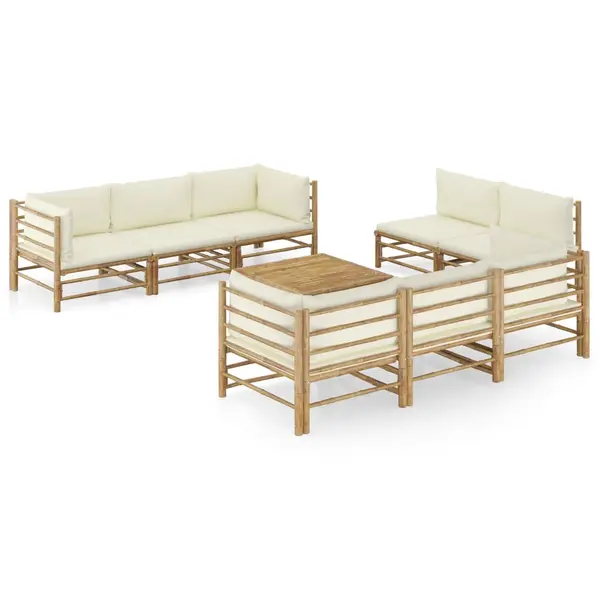Gossi set mobilier de gradina, cu perne alb crem, 9 piese, bambus