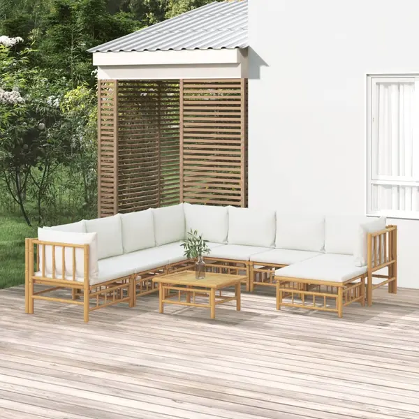 Gossi set mobilier de gradina, cu perne alb crem, 9 piese, bambus
