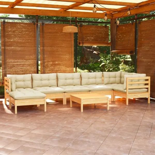 Gossi set mobilier de gradina cu perne crem, 8 piese, lemn masiv pin