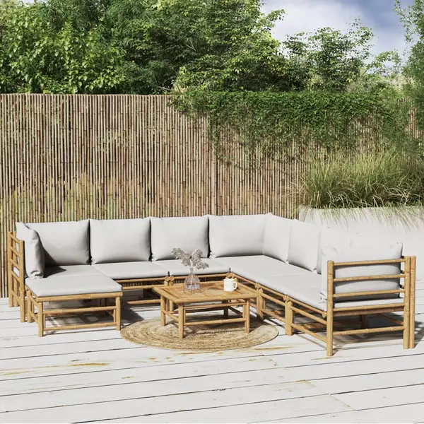 Gossi set mobilier de gradina cu perne gri deschis, 9 piese, bambus