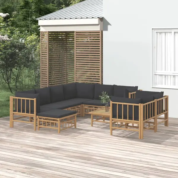 Gossi set mobilier de gradina cu perne gri inchis, 10 piese, bambus