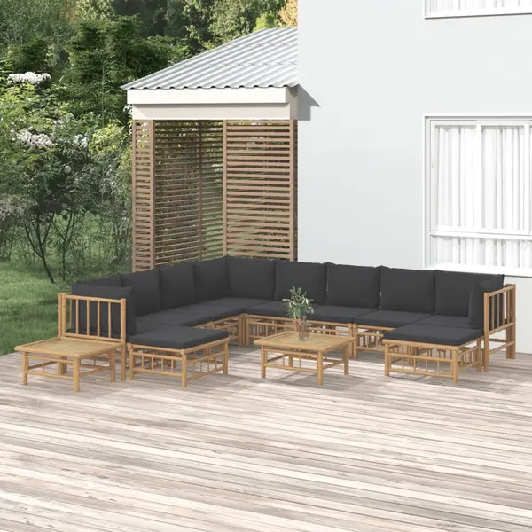 Gossi set mobilier de gradina cu perne gri inchis, 12 piese, bambus