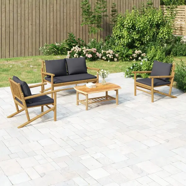 Gossi set mobilier de gradina cu perne gri inchis, 4 piese, bambus