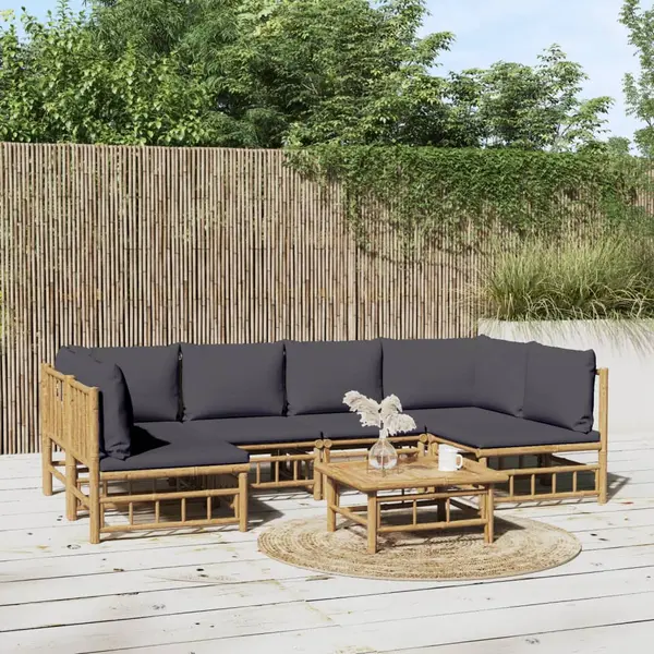 Gossi set mobilier de gradina cu perne gri inchis, 7 piese, bambus