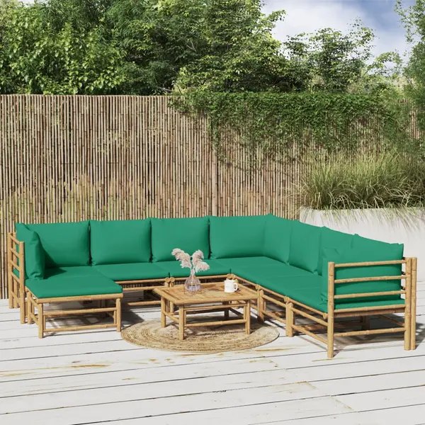Gossi set mobilier de gradina cu perne verzi, 9 piese, bambus