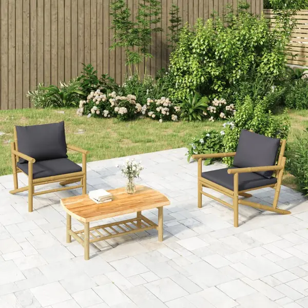 Gossi set mobilier de gradina, perne gri inchis, 3 piese, bambus