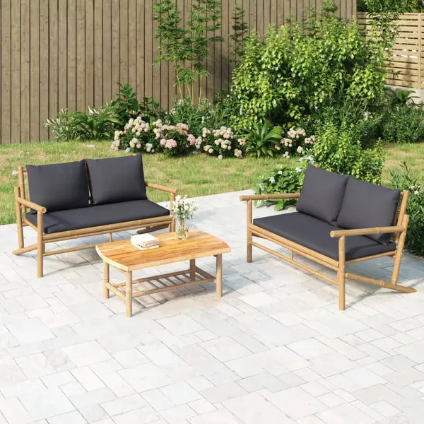 Gossi set mobilier de gradina, perne gri inchis, 3 piese, bambus