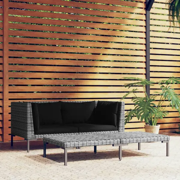 Gossi set mobilier gradina 3 piese, gri inchis, poliratan semi-rotund