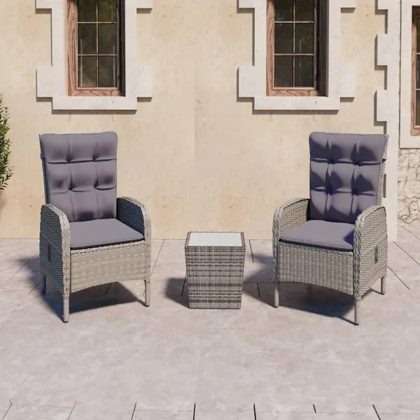 Gossi set mobilier gradina, 3 piese, gri, poliratan si sticla