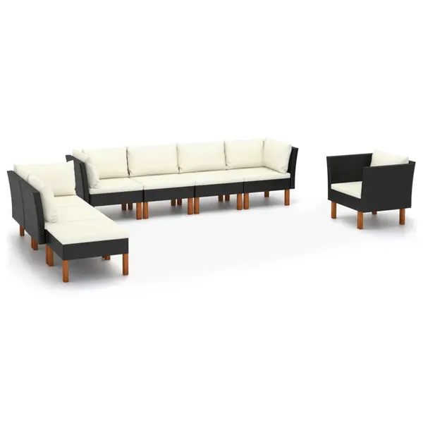 Gossi set mobilier gradina, 8 piese, negru poliratan si lemn eucalipt