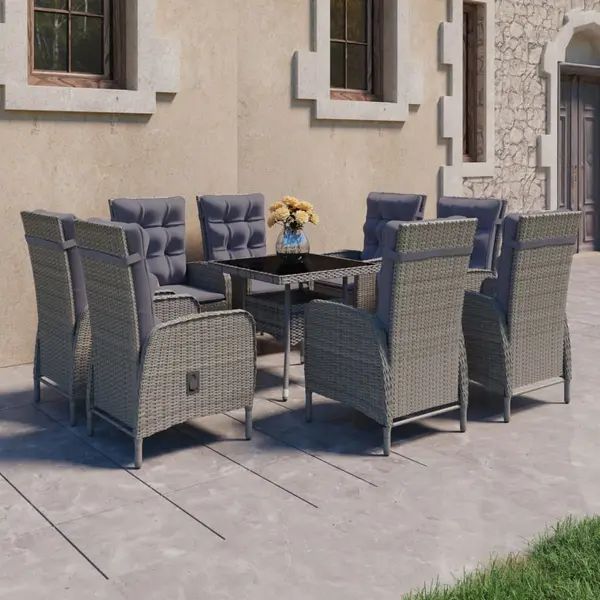 Gossi set mobilier gradina, 9 piese, gri, poliratan si sticla