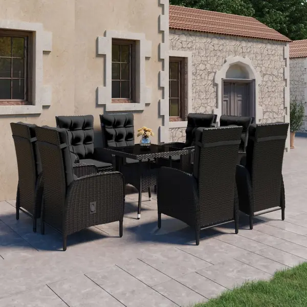Gossi set mobilier gradina, 9 piese, negru, poliratan, lemn acacia