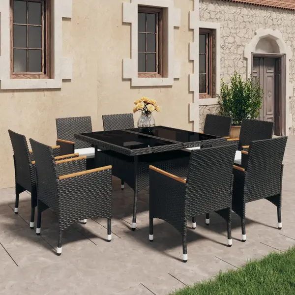 Gossi set mobilier gradina, 9 piese, negru, poliratan si lemn acacia