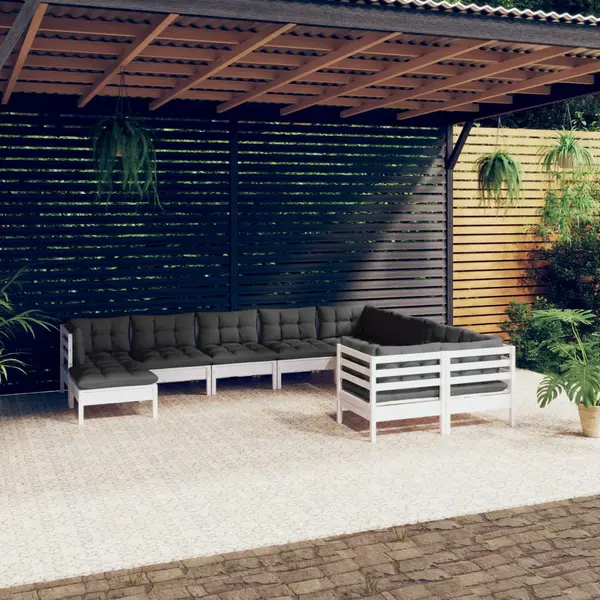 Gossi set mobilier gradina cu perne, 10 piese, alb, lemn de pin