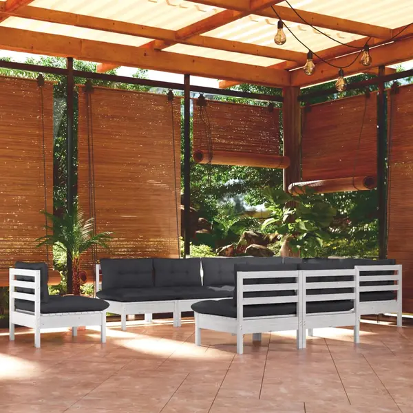 Gossi set mobilier gradina cu perne, 10 piese, alb, lemn masiv pin