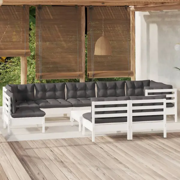 Gossi set mobilier gradina cu perne, 10 piese, alb, lemn masiv pin