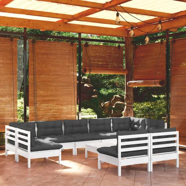 Gossi set mobilier gradina cu perne, 10 piese, alb, lemn masiv pin