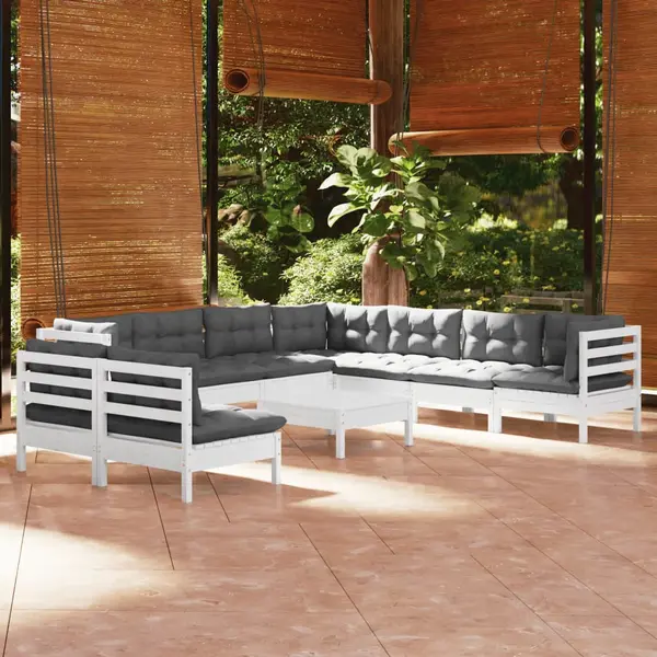 Gossi set mobilier gradina cu perne, 10 piese, alb, lemn masiv pin