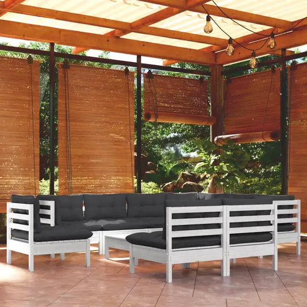 Gossi set mobilier gradina cu perne, 10 piese, alb, lemn masiv pin