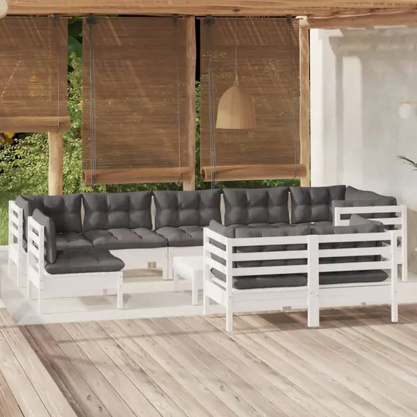 Gossi set mobilier gradina cu perne, 10 piese, alb, lemn masiv pin