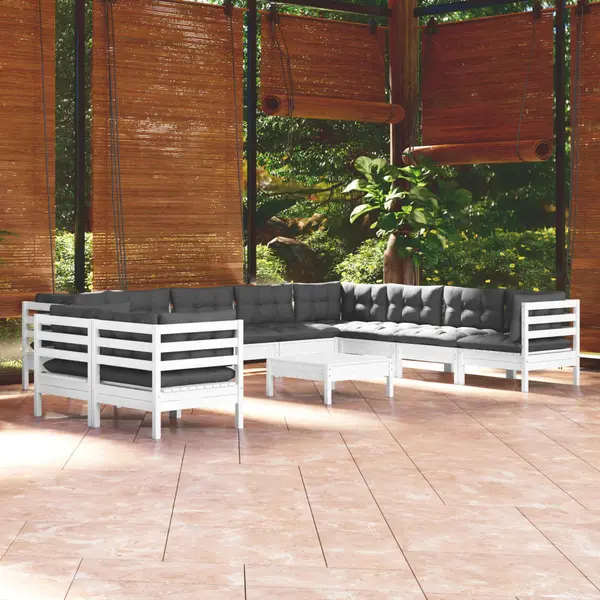 Gossi set mobilier gradina cu perne, 11 piese, alb, lemn masiv pin