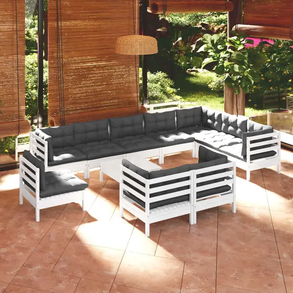 Gossi set mobilier gradina cu perne, 11 piese, alb, lemn masiv pin