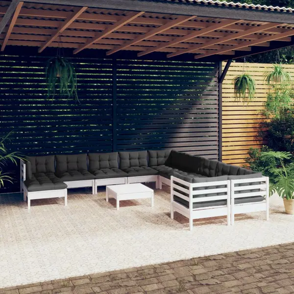 Gossi set mobilier gradina cu perne, 12 piese, alb, lemn de pin