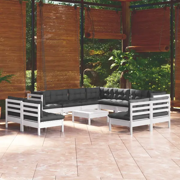 Gossi set mobilier gradina cu perne, 12 piese, alb, lemn masiv pin