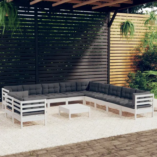 Gossi set mobilier gradina cu perne, 12 piese, alb, lemn masiv pin