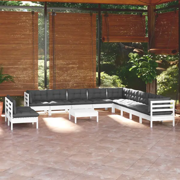 Gossi set mobilier gradina cu perne, 12 piese, alb, lemn masiv pin