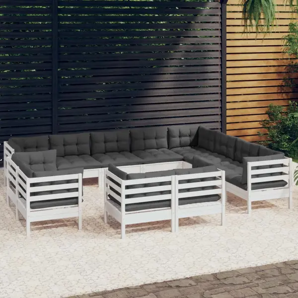 Gossi set mobilier gradina cu perne, 12 piese, alb, lemn masiv pin