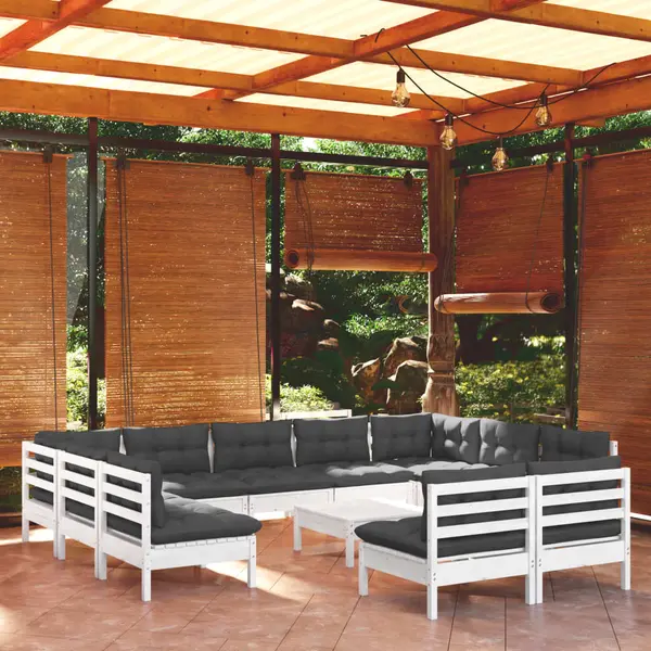 Gossi set mobilier gradina cu perne, 12 piese, alb, lemn masiv pin