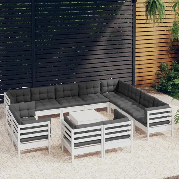 Gossi set mobilier gradina cu perne, 13 piese, alb, lemn masiv pin