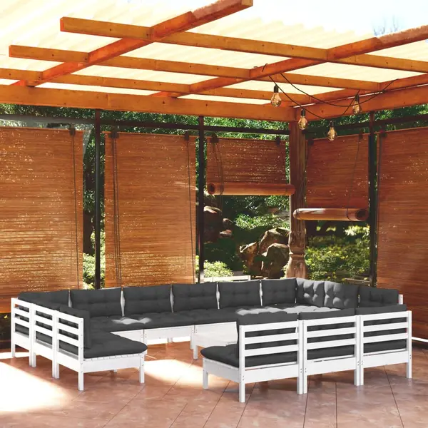 Gossi set mobilier gradina cu perne, 14 piese, alb, lemn masiv pin