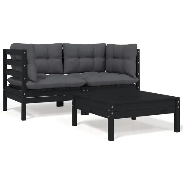 Gossi set mobilier gradina cu perne, 3 piese, negru, lemn masiv pin
