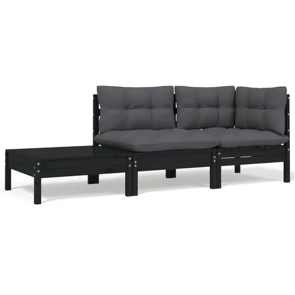 Gossi set mobilier gradina cu perne, 3 piese, negru, lemn masiv pin