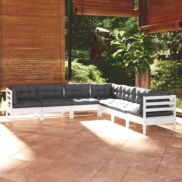 Gossi set mobilier gradina cu perne, 7 piese, alb, lemn masiv de pin