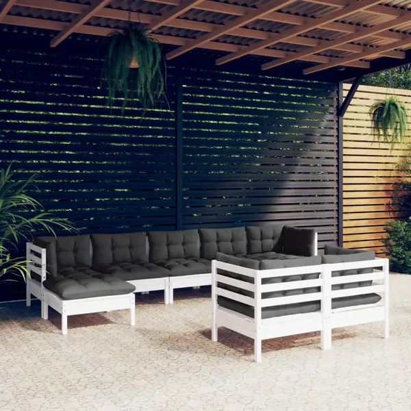 Gossi set mobilier gradina cu perne, 9 piese, alb, lemn masiv pin