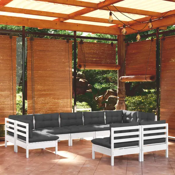 Gossi set mobilier gradina cu perne, 9 piese, alb, lemn masiv pin