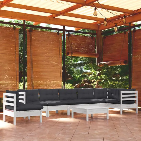 Gossi set mobilier gradina cu perne, 9 piese, alb, lemn masiv pin